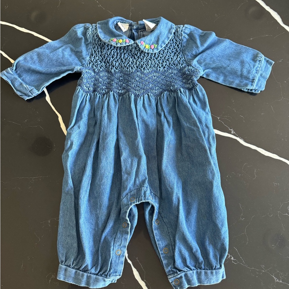 Vintage Denim Blue Baby Romper with Embroidered‎ Details